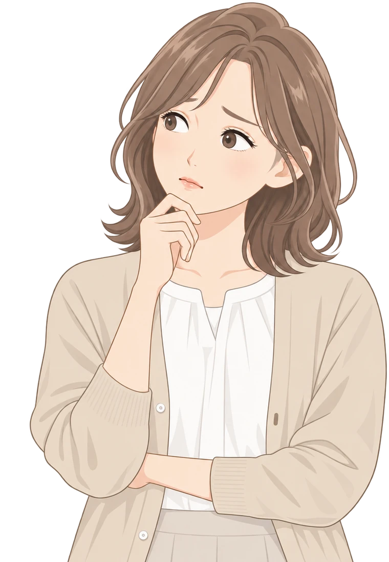 困った表情で考え込む女性のイラスト